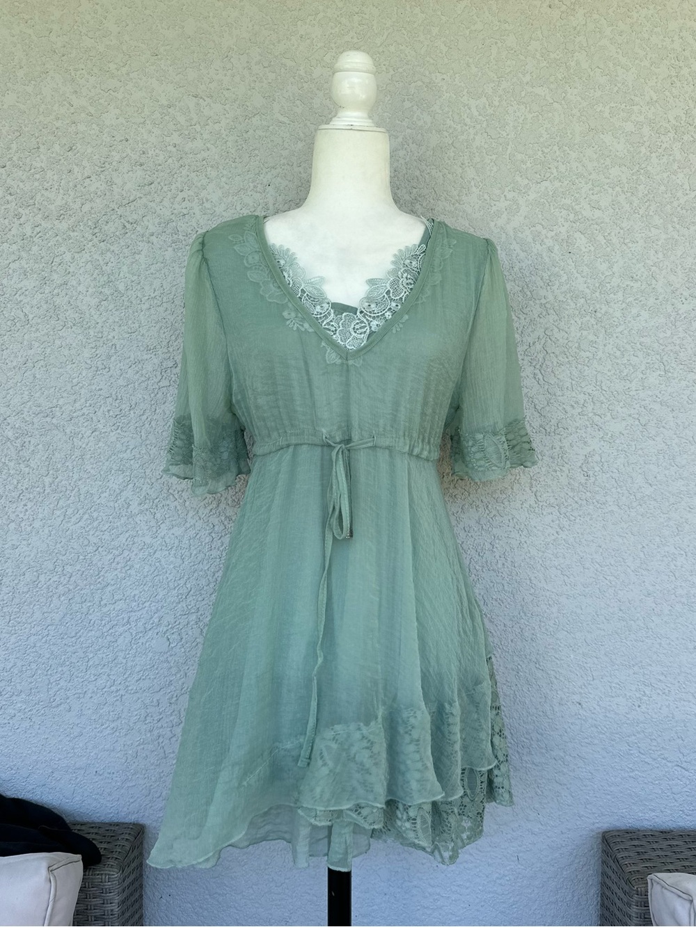 Pretty Angel Sage Green Lace-Trim V-Neck Mini Dress